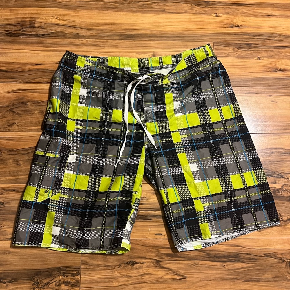 Men's Plaid Swim Shorts - Black, Gray, Green